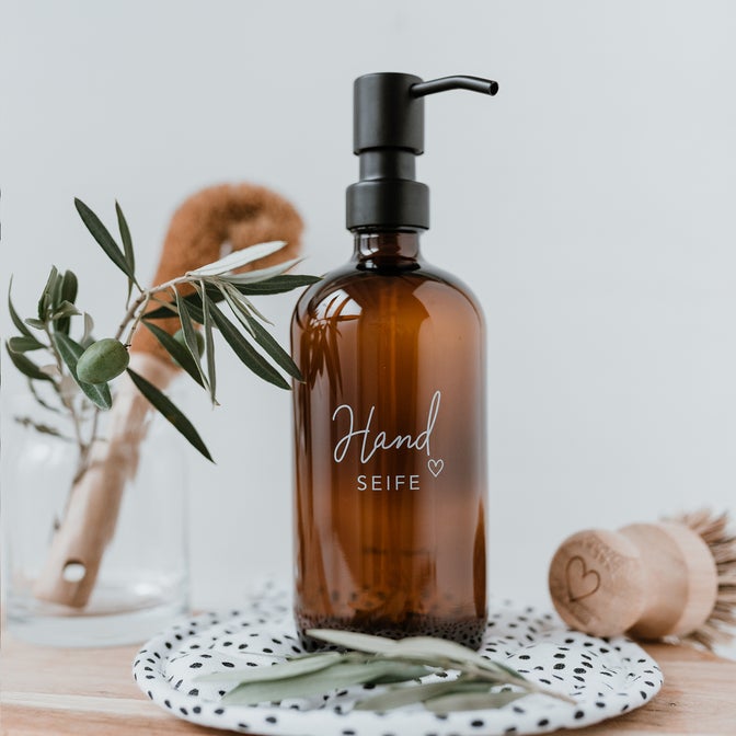 Seifenspender ' Handseife' 500ml, Glas-Leerflasche, Braunglas
