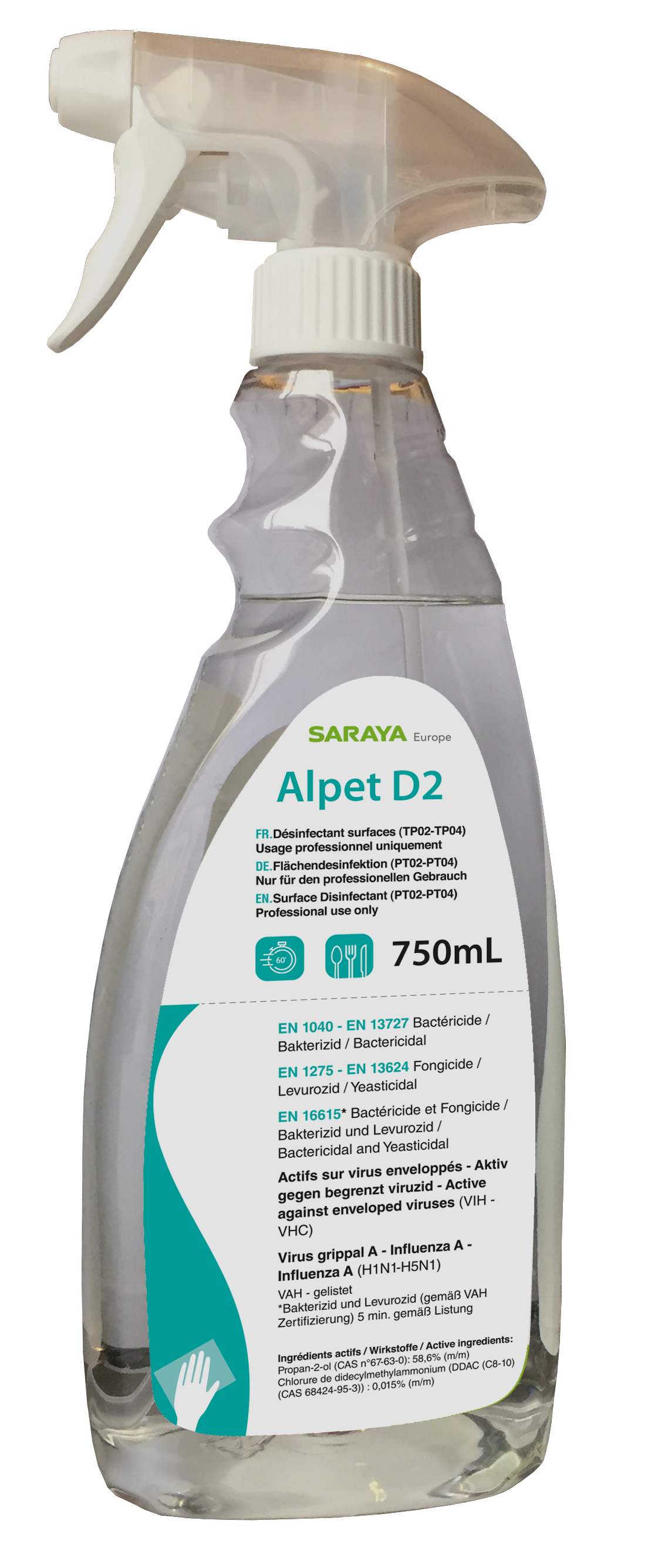 SARAYA ALPET D2 Fächendesinfektion 750ml Sprühflasche.