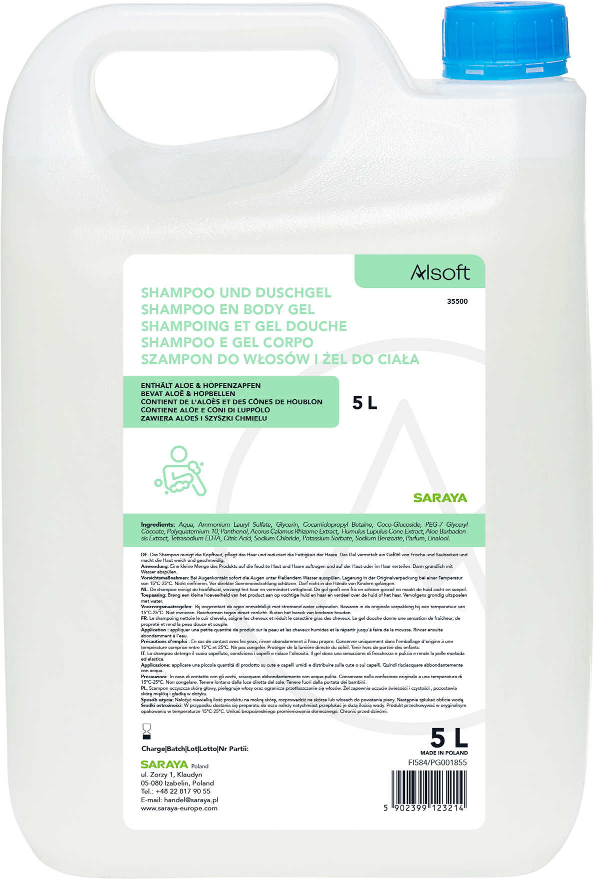 SARAYA Alsoft 2 in 1 Duschgel und Shampoo, 2 x 5 Liter Kanister  