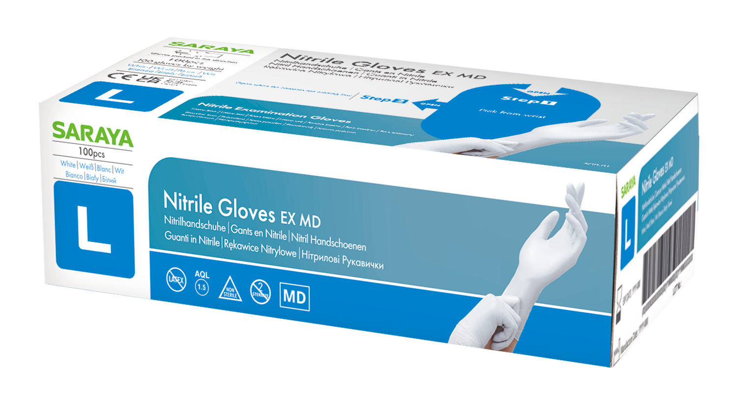 Einweghandschuhe, Nitril EX MD, puderfrei, Gr. L, Box a 100 Stück, VE= 10, weiß