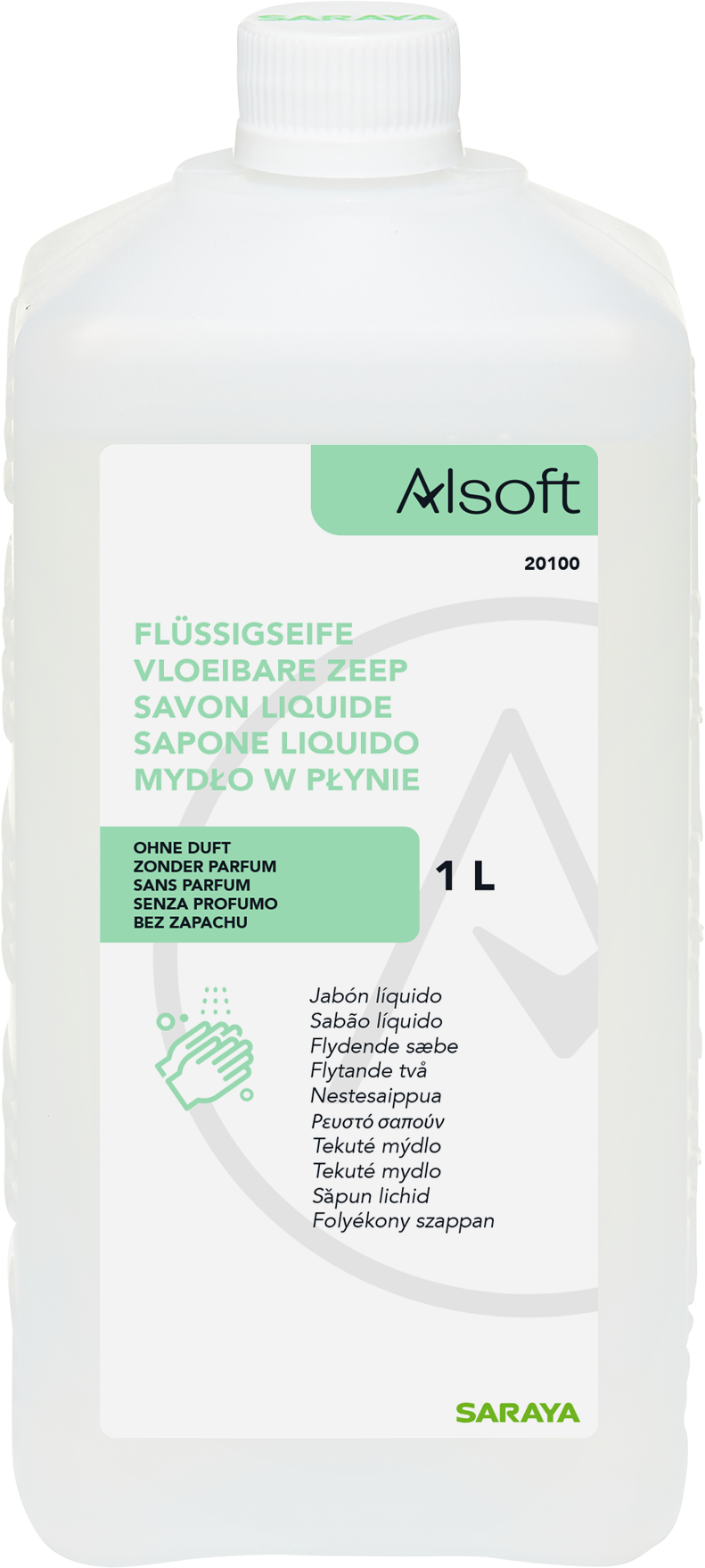 SARAYA Alsoft Flüssigseife, 1000 ml Euroflaschen, grüner Apfel 