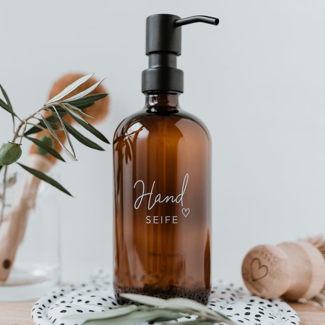 Seifenspender ' Handseife' 500ml, Glas-Leerflasche, Braunglas