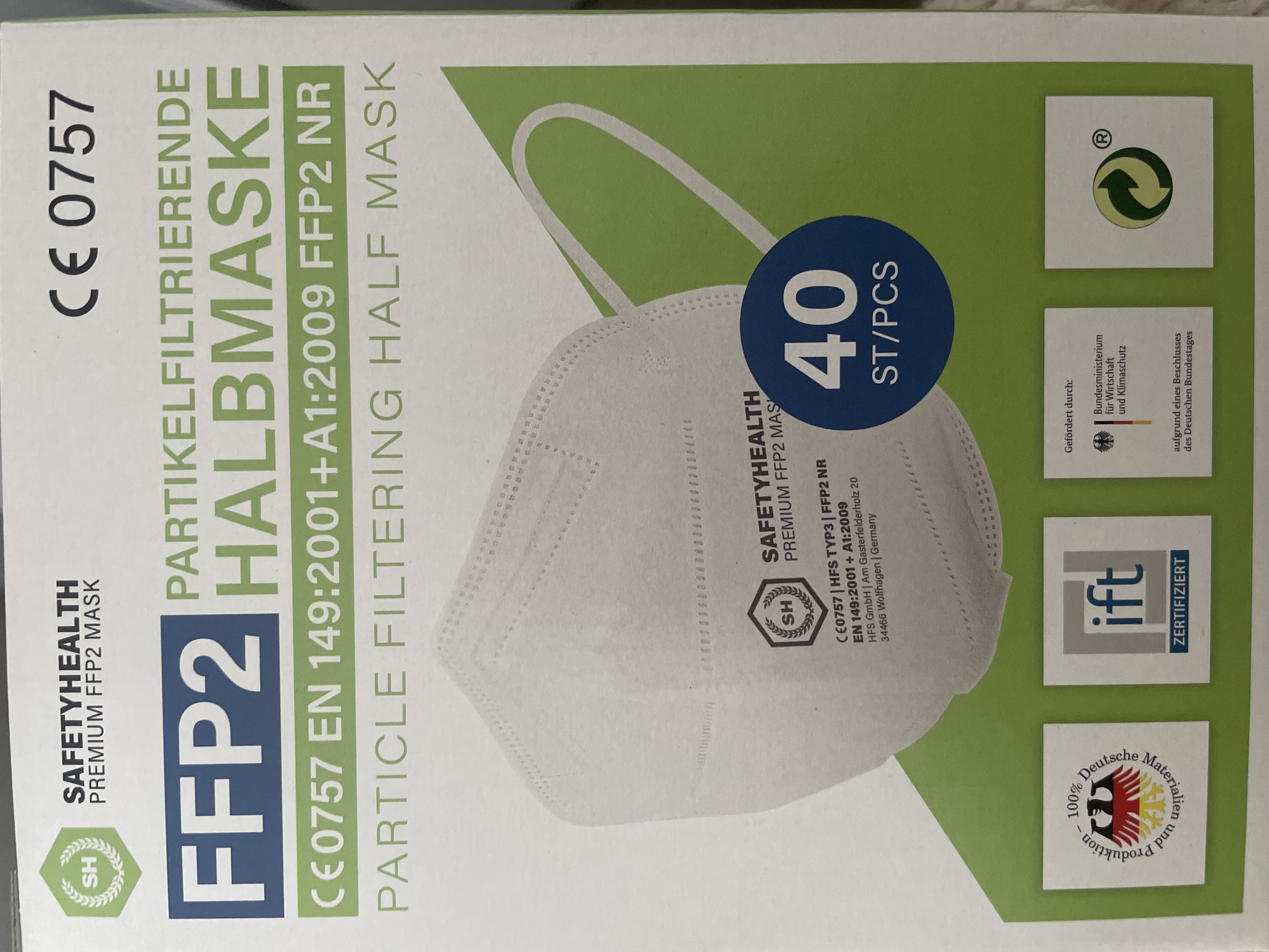 40 Stück FFP2 Partikelfiltrierende Halbmasken | CE2834 | EN149:2001 | A1:2009 |